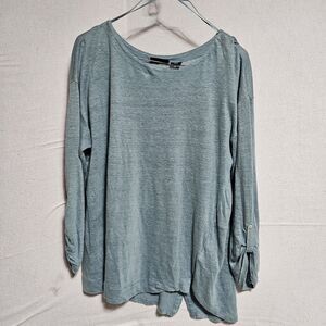 Adrienne Vittadini 100% Linen TEAL BLUE Light weight Tab‎ sleeve top Women's M